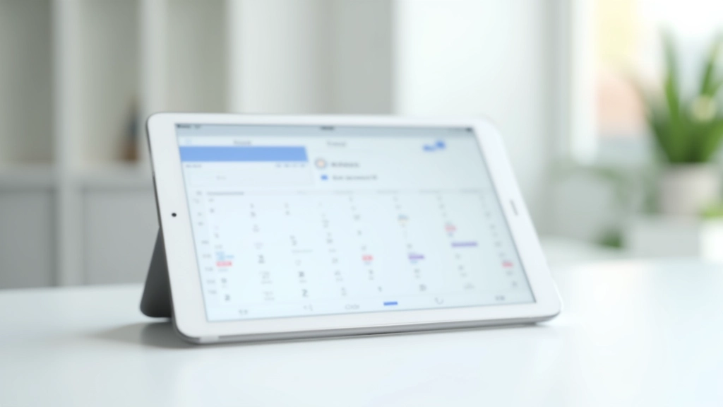 Tablet met online afsprakenscherm, kalenderweergave duidelijk zichtbaar, verschillende kleurcodes voor verschillende dokters, minimalistische design