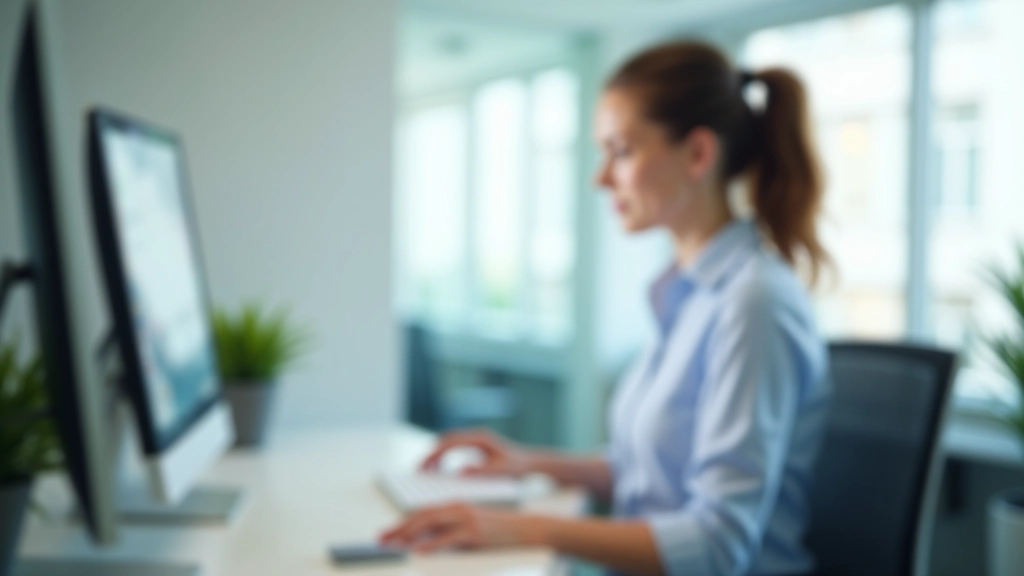 Huisartsreceptie met moderne computer setup, twee medewerkers kijken naar scherm met afsprakensysteem, kalm kantoor met groene plant