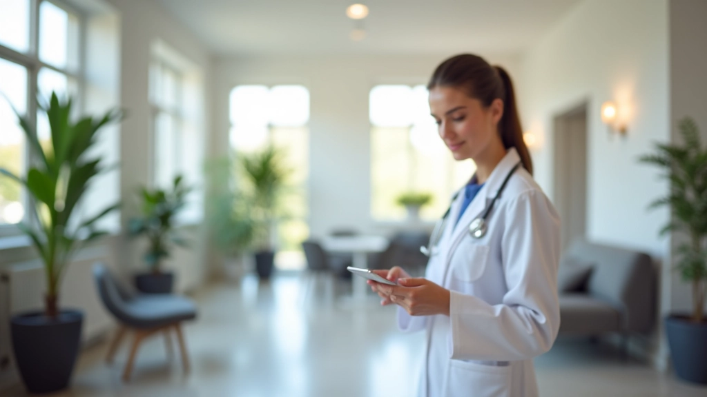 Moderne huisartspraktijk met computer en patiënten, kalme omgeving, professioneel kantoor interieur