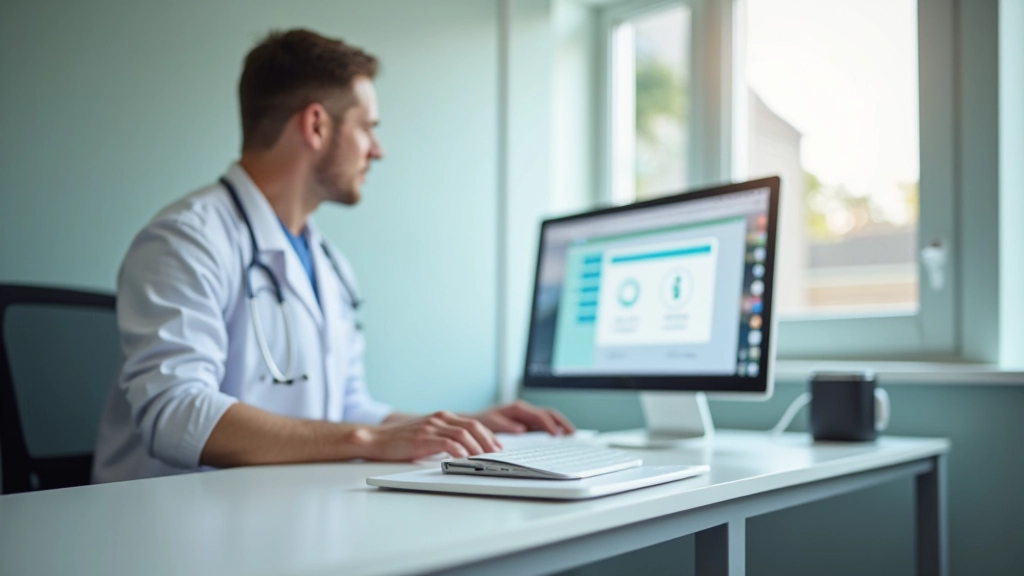 Moderne medische praktijk met schoon interieur en digitale schermen, professionele ziekenhuisomgeving met zachte verlichting