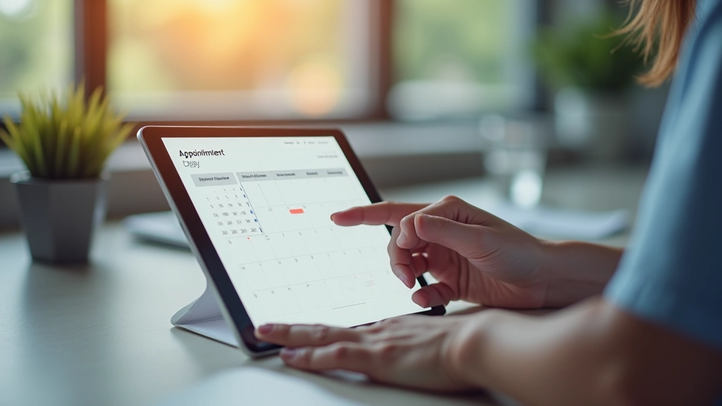 Patiënt boekt online afspraak via tablet, gemakkelijke navigatie op scherm zichtbaar, kalm kantooromgeving